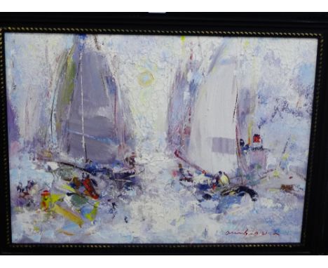 Contemporary School  Abstract Seascape, signed indistinctly,  Oil-on-canvas, in an ornate black painted wooden frame, 70 x 50