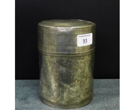 A Chinese pewter cylindrical tea caddy with engraved floral pattern with seal mark to the base, 16cm high