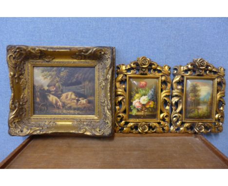 Two oil paintings on board, still life of flowers and a landscape and an oleograph 