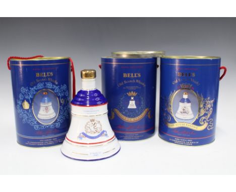 Three Bell's Old Scotch Whisky commemorative Royal Decanters, celebrating the births of Princess Eugenie and Princess Beatric