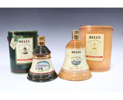 Two Bell's Old Scotch Whisky bell decanters, Christmas 1989 75cl and 1litre (2) 