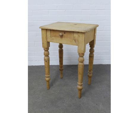Light pine table, single frieze drawer and turned legs, 52 x 74 x 40cm. 