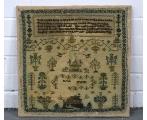 Georgian needlework sampler with verse, house and trees, worked by Sarah Turpin 1836, restored with losses, 40 x 40cm 