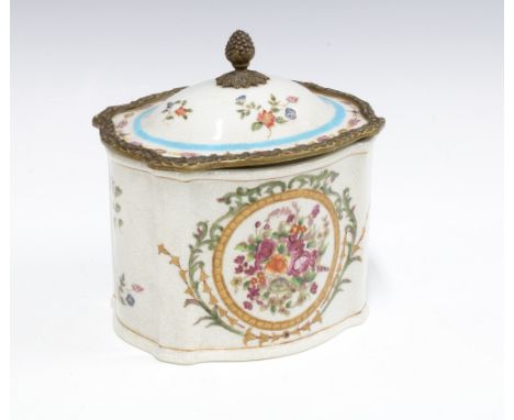 Crackle glazed caddy, brass mounted with pineapple finial, 16cm 
