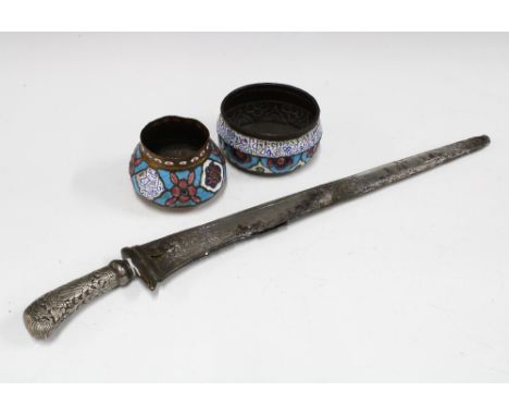 An antique Eastern dagger with engraved blade, white metal handle and sheaf, overall length 58cm together with two middle eas