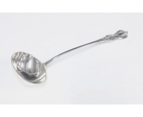 Victorian silver soup ladle, Elizabeth Eaton, London 1850, Albert pattern with engraved initial K, 34cm long 