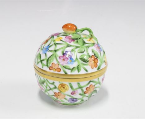 Herend floral decorated porcelain trinket pot, the cover with a strawberry finial, 9cm 