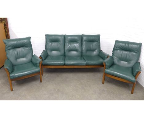 Ercol Golden Dawn green leather and elm three piece suite, 189 x 99 x 57cm. (3) 