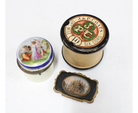 Victoria porcelain jar, hinged cover with transfer printed pattern, a French gilt metal purse and a novelty J&amp;P Coats bob