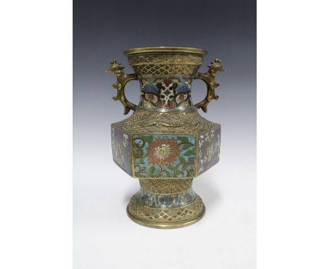 Chinese archaic style cloisonne vase with chicken head handles, 30cm (drill hole for use as lamp) 