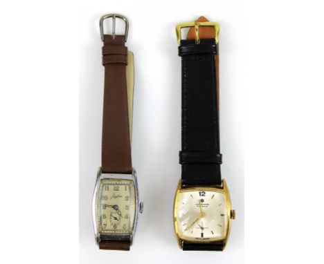 2 Junghans Herren - Armbanduhren, 20. Jh., Handaufzug, eine Uhr mit vergoldetem Edelstahlgehäuse, 2. H. 20. Jh., Kunststoffgl