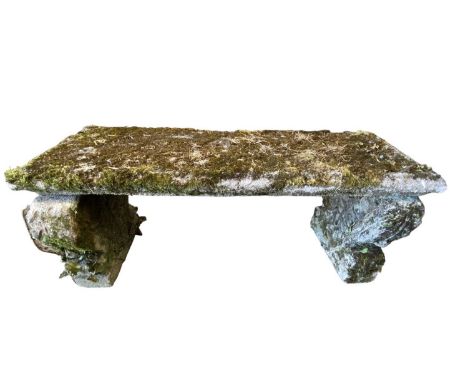 RE-CONSTITUTED STONE TWIN PEDESTAL GARDEN BENCH - rectangular seat with lyre details to the bench supports, 43cms H overall, 