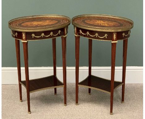 REPRODUCTION FRENCH EMPIRE REVIVAL SINGLE DRAWER SIDE TABLES - a pair, the oval tops having pierced brass galleries with inla