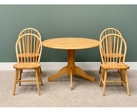 MODERN LIGHT WOOD DINING TABLE &amp; FOUR HOOP BACK CHAIRS - 108cms diameter the circular top on a substantial column four fo