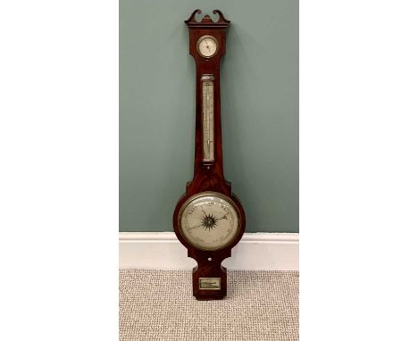 GEORGIAN MAHOGANY ANEROID BANJO BAROMETER - with thermometer, signed to the level window "Wells, Barnet", 101 cms H