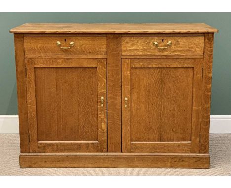 VINTAGE GOLDEN OAK SIDEBOARD BASE - having two drawers and two lower cupboard doors, with brass swan neck and drop handles, o
