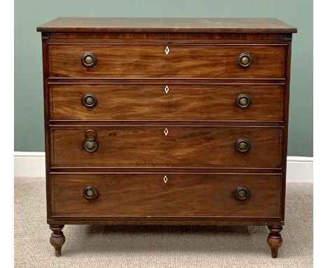 19th CENTURY MAHOGANY CHEST - having four long drawers with cockbeaded edging and replacement circular backplates with ring p