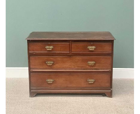 VINTAGE STAINED OAK CHEST - having two small over two long drawers, with pierced brass backplates and swing handles, on corne