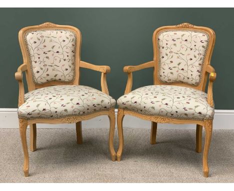 REPRODUCTION FLORAL UPHOLSTERED &amp; LIGHT WOOD ARMCHAIRS - a pair, with attached "Stewart Jones" labels, 89cms H, 60cms W, 