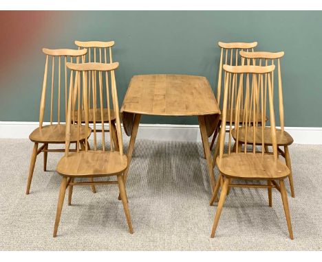 ERCOL MID ELM TWIN FLAP DINING TABLE &amp; SIX STICKBACK CHAIRS - 71cms H, 113cms L, 125cms W (fully open) and 97cms H, 43cms