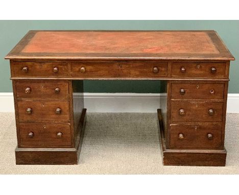 VICTORIAN MAHOGANY TWIN PEDESTAL DESK - the top with inset gilt tooled leather skiver over three frieze drawers and twin sets