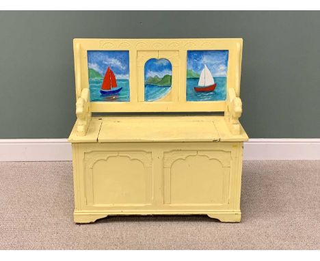 PRIORY STYLE OAK MONK'S BENCH - now painted yellow with colourful boat detail to the back panels, 98cms H (open), 95cms W, 42