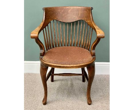 VINTAGE OAK CURVED BACK OFFICE CHAIR - having scroll detail to the crest rail and arm ends, to a spindle back, upholstered ne