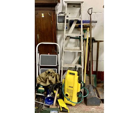 MIXED POWER/HAND GARDEN &amp; GARAGE TOOLS - to include two stepladders and a Karcher K2.36 pressure washer, E/T