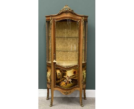 GOOD FRENCH EMPIRE REVIVAL DISPLAY CABINET - decorated Vernis Martin style, serpentine shaped including the upper glass panel