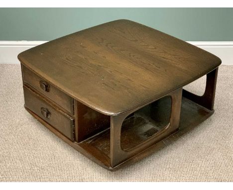 ERCOL COFFEE TABLE TROLLEY - with two drawers, 39cms H, 80 x 80cms top