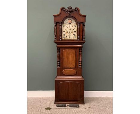 JOHN JONES, HIGH STREET, PWLLHELI VICTORIAN MAHOGANY LONGCASE CLOCK - having a moon detail arched painted dial set with Roman