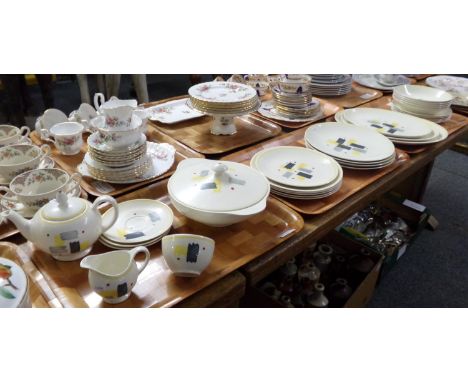 Three trays of J & G Meakin English china dinner and teaware to include: various plates, oval serving plates, bowls, lidded t