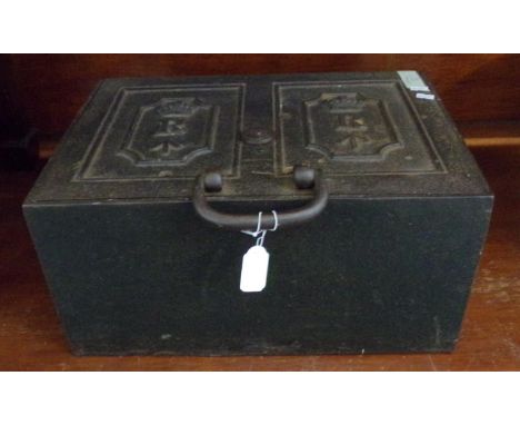 Victorian cast iron two handled revenue strong box, with crown over 'R' and crow's foot mark, each panel with relief decorati