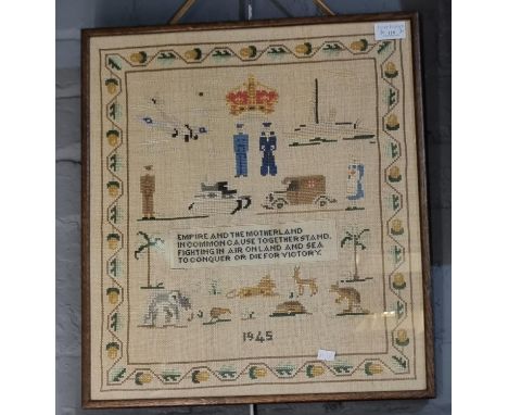 An unusual dated World War II period tapestry sampler 'Empire and the Motherland in common cause together stand. Fighting in 