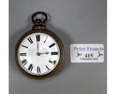 19th Century pear cased silver open faced pocket watch with enamel face and Roman numerals and original label marked 'J.H Wil
