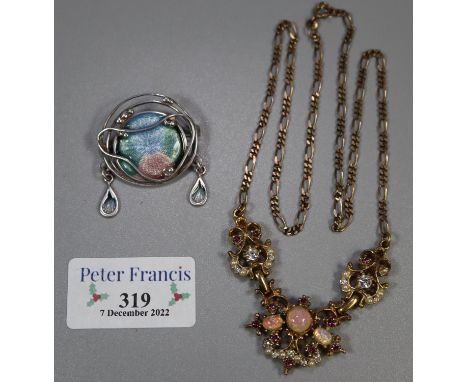 Silver and enamel Art Nouveau design shield shaped pin brooch and a yellow metal opal set Renaissance style necklace. (2)(B.P
