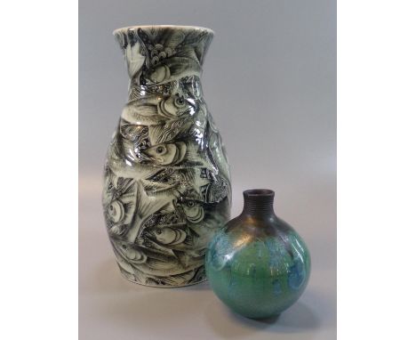 Modern Art pottery vase of mallet shaped form, overall with a shoal of fish. 24cm high approx. Together with another modern A