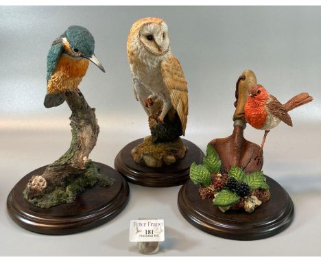 Three Country Artists hand crafted sculptures of animals to include: barn owl, robin on trowel and kingfisher. (3) (B.P. 21% 