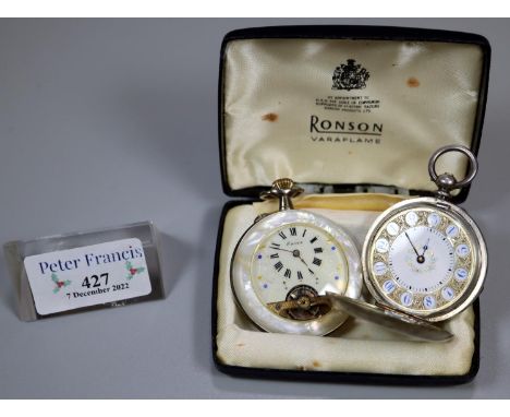 Silver and enamel gilded continental lady's pocket watch, together with another silver and mother of pearl enamel continental