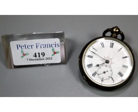 Small silver open faced lady's fancy fob watch with chased decoration, enamel face and Roman numerals and subsidiary seconds 