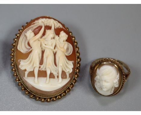 9ct gold carved cameo oval pin brooch 'The Three Graces', together with a similar cameo portrait ring. (2)(B.P. 21% + VAT) 