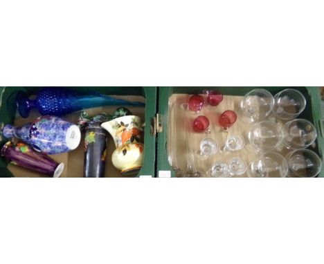 Two boxes of glass and china to include: set of six French pedestal dessert bowls, liqueur glasses, cranberry glass handled g