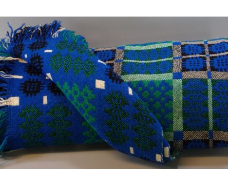 Vintage woollen Welsh tapestry traditional Caernarfon design blanket on blue ground with fringed edge. (B.P. 21% + VAT)456x23