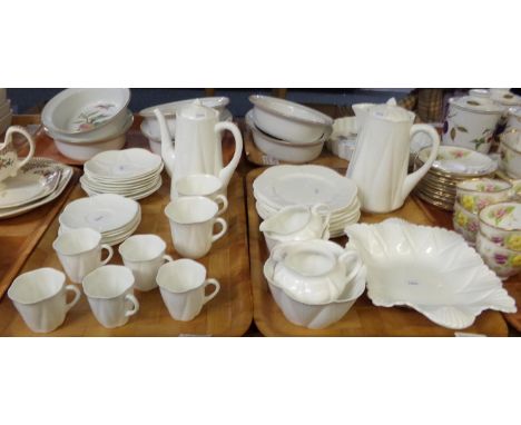 Two trays of Shelley English china Rd272101 white and floral moulded coffeeware items to include: coffee pot, water jug, espr