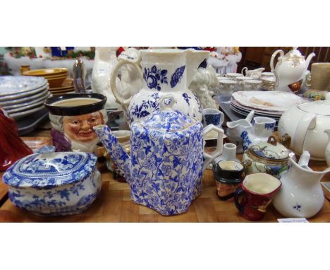 Tray of assorted china: Wileman & Co, Foley china teapot decorated with blue and white blossom and foliage, 19th Century blue