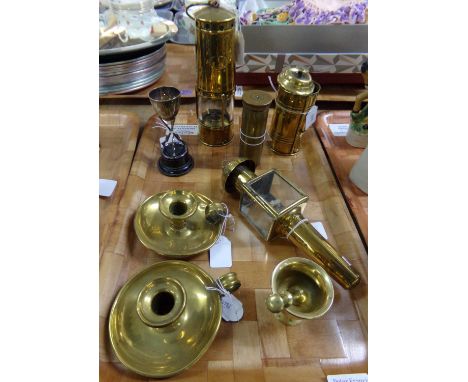 Tray of brassware: miner's lamp marked 'William Webb 1903', small carriage lantern, miniature brass pestle and mortar, pair o