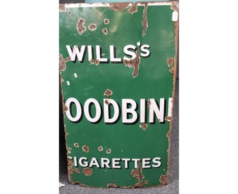 Large  enamel single sided advertising sign 'Will's Woodbine cigarettes', distressed condition. 115 x 64cm approx. (B.P. 21% 
