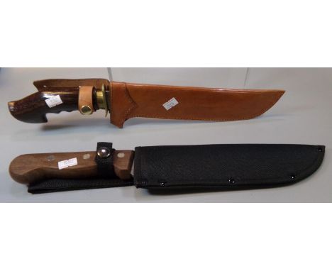 Modern 'Bolo' steel bladed single edge machete with wooden grip and fabric sheath, together with similar 'Tubatu' machete wit