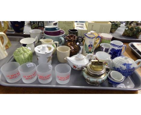 Tray of assorted items: Royal Doulton ‘Vanity Fair’ espresso cup, Royal Worcester ‘Evesham’ mustard pot, possibly pewter and 