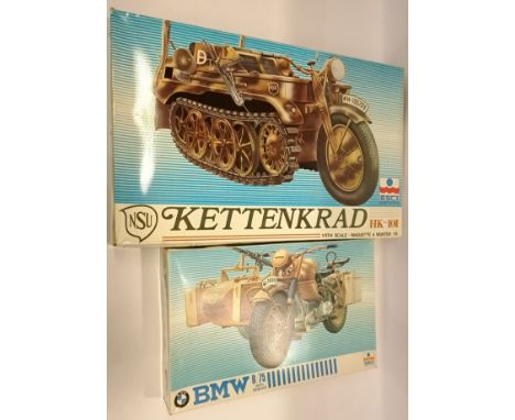 ESCI, a boxed Pair of 1:9 Scale Military Motorbike Model Kits. Includes 7005 Kettenkrad HK-101 &amp; 7001 BMW R/75 with Sidec
